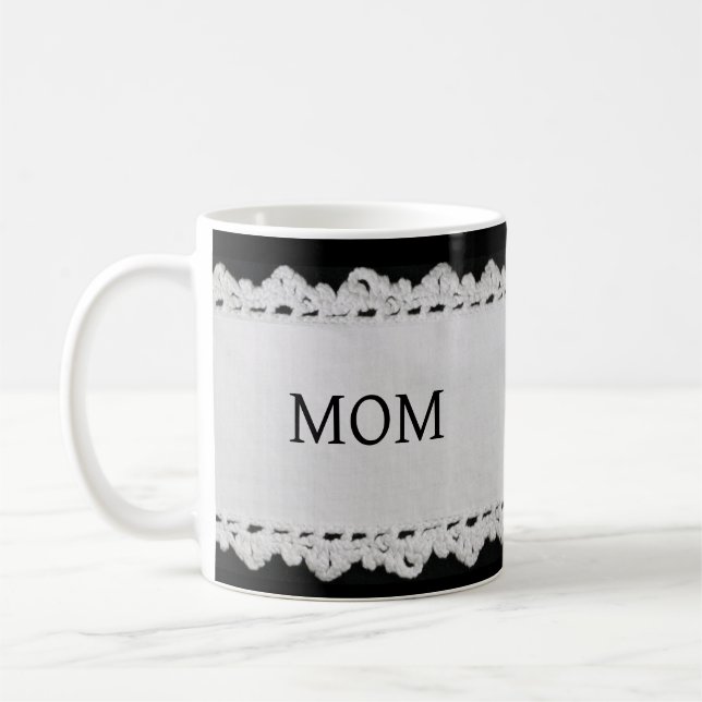 Personalized Crochet Lace Edged Fabric Mug (Left)