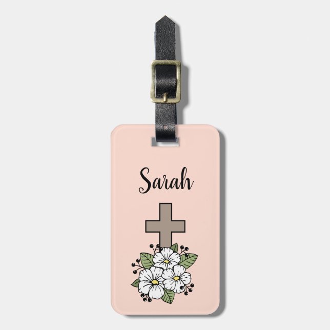 Personalized Cross and Flower Luggage Tag (Front Vertical)