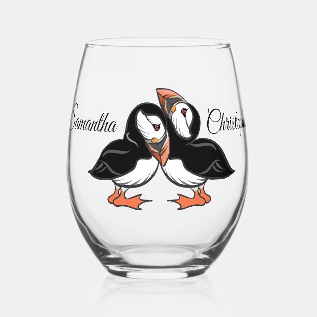 Personalized Cuddling Puffins Stemless Wine Glass (Front)