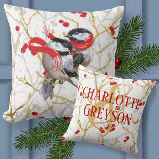 Personalized Cuddling Winter Chickadees Throw Pillow
