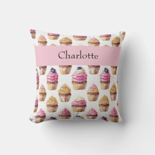 Personalized Cupcake Watercolor for Girls Throw Pillow