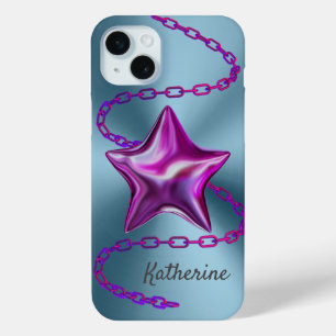 Personalized Custom Aqua & Hot Pink Star iPhone 15 Mini Case