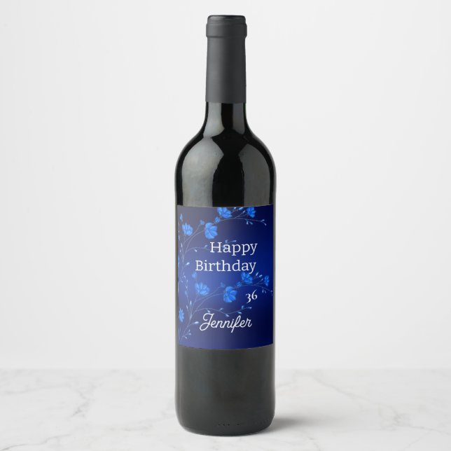 Personalized Custom Blue Flowers Paper Wine Label (Front)