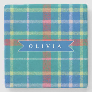 Personalized Custom Blue Plaid Preppy Style Stone Coaster