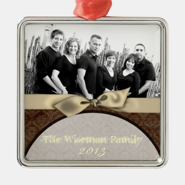 Personalized Custom Brown Damask PHOTO Ornament (Front)