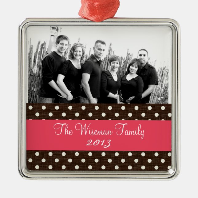 Personalized Custom Brown Polka Dot PHOTO Ornament (Front)