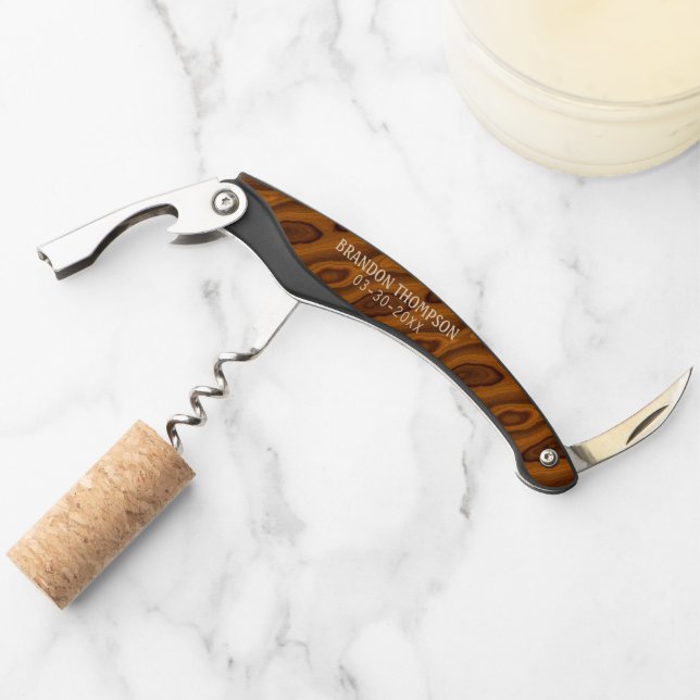 Personalized Custom Brown Wood Grain Pattern Corkscrew (Front)