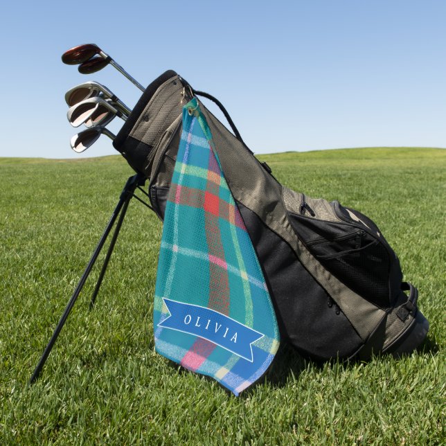 Personalized Custom Classic Blue Plaid Preppy  Golf Towel (Green)