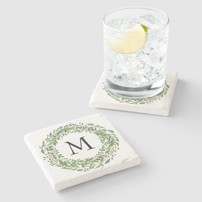 Personalized Custom Classic Green Laurel Wreath Stone Coaster (Side)