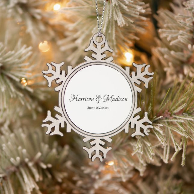Personalized Custom Couple Name and Date Wedding Snowflake Pewter Christmas Ornament (Tree)