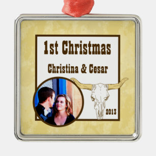 Personalized Custom Cowboy Rodeo Steer Skull Tan C Metal Ornament