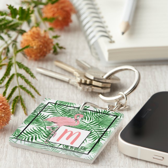 Personalized Custom Cute Tropical Pink Flamingo Keychain (Front Right)