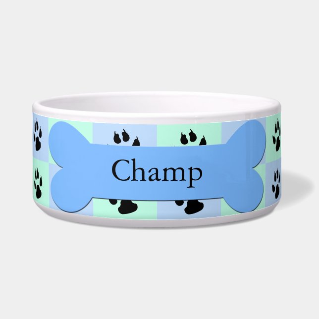 Personalized Custom Dog Bowl -- Blue Dog Bone (Front)
