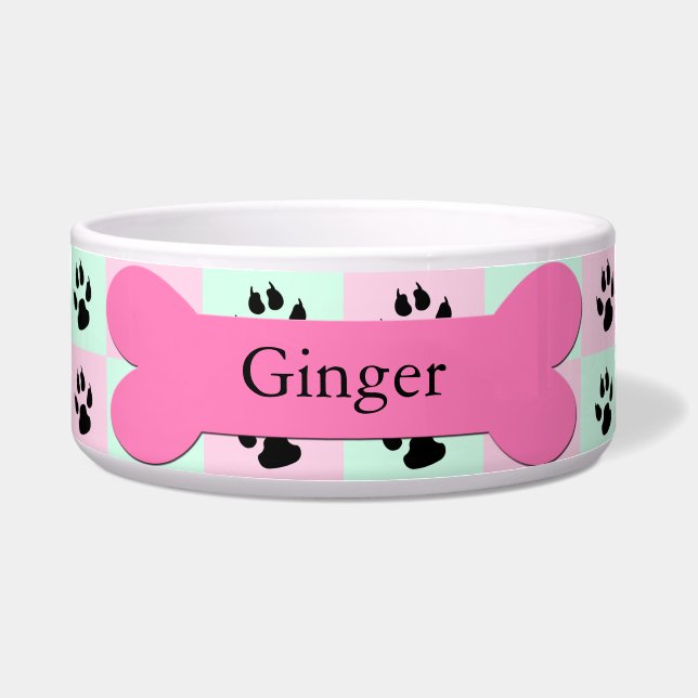 Personalized Custom Dog Bowl -- Pink Dog Bone (Front)