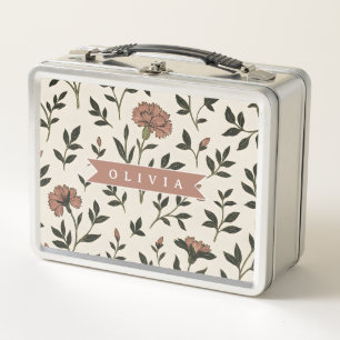 Personalized Custom Elegant Neutral Vintage Floral Metal Lunch Box