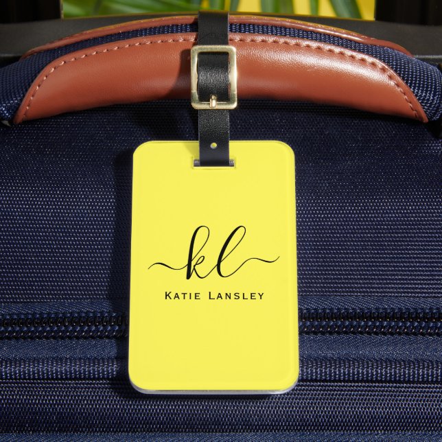 Personalized Custom Elegant Script Yellow Luggage Tag (Front Insitu 2)