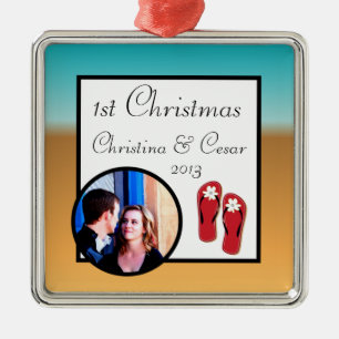 Personalized Custom His/Hers Sandals On Beach plam Metal Ornament