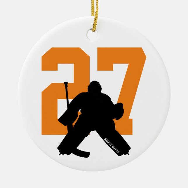 Personalized Custom Hockey Goalie Number Orange Ceramic Ornament (Front)