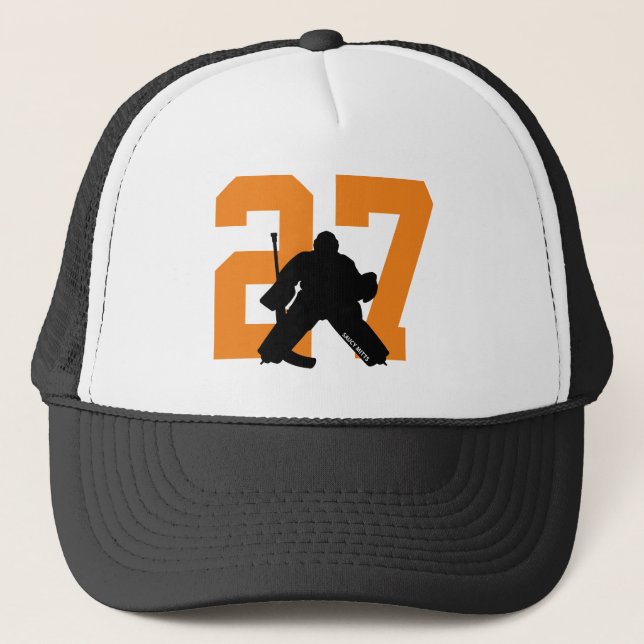 Personalized Custom Hockey Goalie Number Orange Trucker Hat (Front)