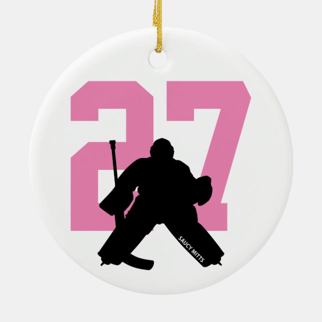 Personalized Custom Hockey Goalie Number Pink Ceramic Ornament (Back)