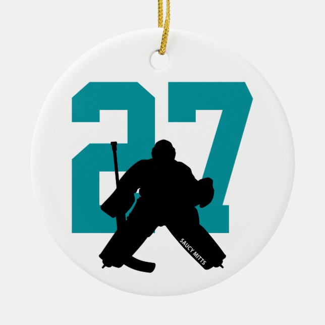 Personalized Custom Hockey Goalie Number Teal Ceramic Ornament (Front)