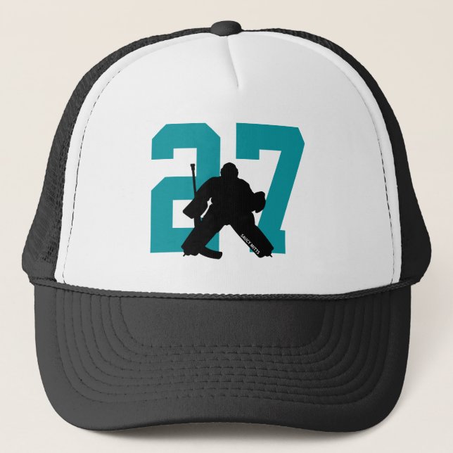 Personalized Custom Hockey Goalie Number Teal Trucker Hat (Front)