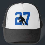 Personalized Custom Hockey Player Number Blue Trucker Hat<br><div class="desc">get your hockey number on a trucker hat in blue and black</div>
