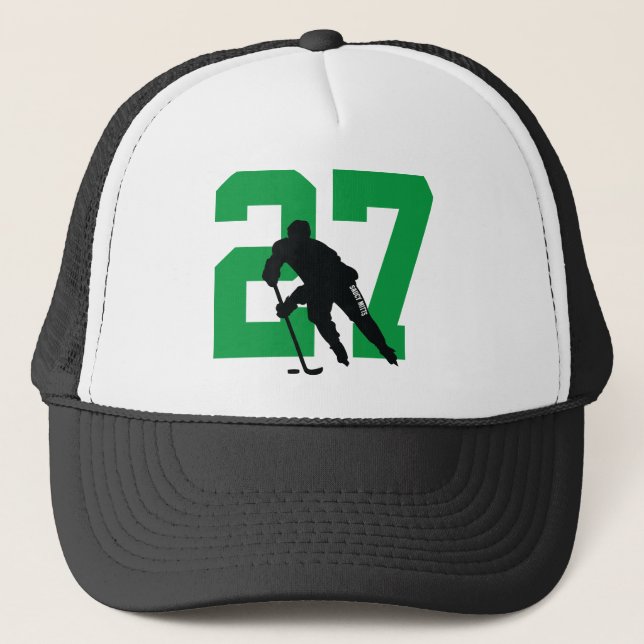 Personalized Custom Hockey Player Number Green Trucker Hat (Front)
