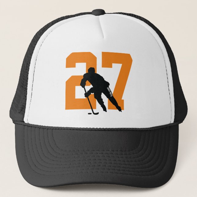 Personalized Custom Hockey Player Number Orange Trucker Hat (Front)