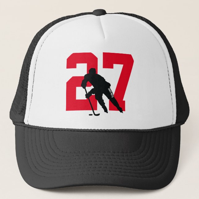 Personalized Custom Hockey Player Number Red Trucker Hat (Front)