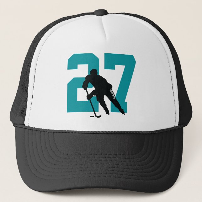 Personalized Custom Hockey Player Number Teal Trucker Hat (Front)