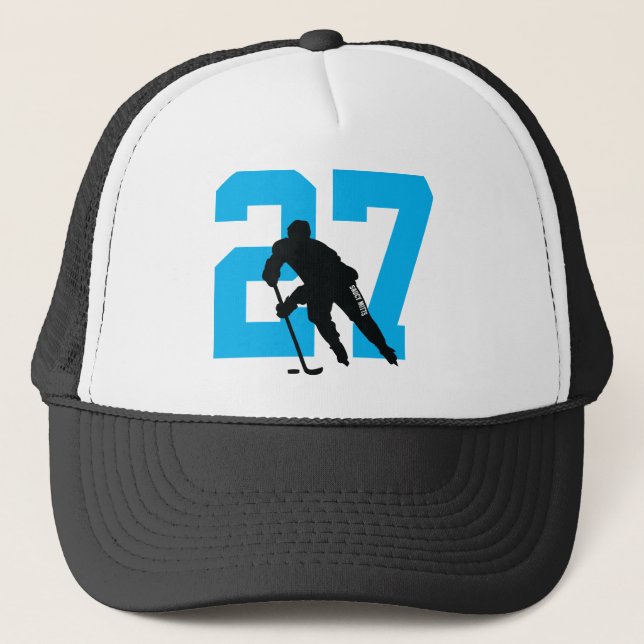 Personalized Custom Hockey Player Number Turquoise Trucker Hat (Front)