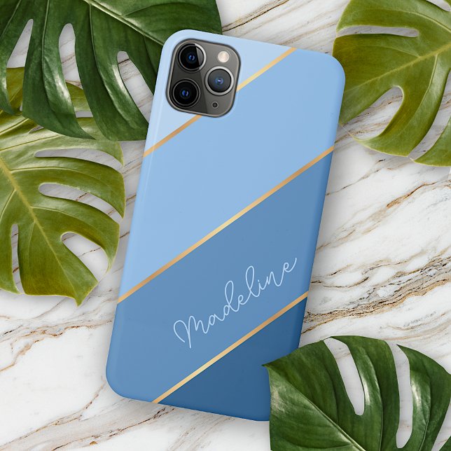 Personalized Custom Light Dark Blue Gold Stripes Case-Mate iPhone Case (Creator Uploaded)