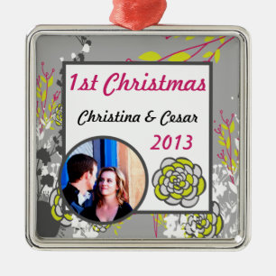 Personalized Custom Lime Green/Hot Pink Flower Flo Metal Ornament