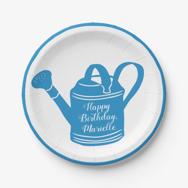 Personalized Custom Message Blue Watering Can Paper Plate (Front)