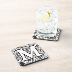 Personalized Custom Monogram Black and White Flora Coaster