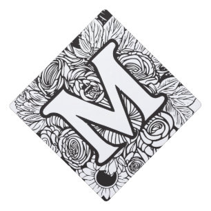 Personalized Custom Monogram Black and White Flora Graduation Cap Topper