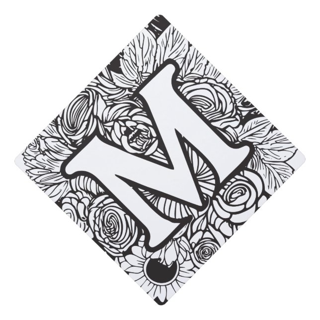 Personalized Custom Monogram Black and White Flora Graduation Cap Topper (Front)