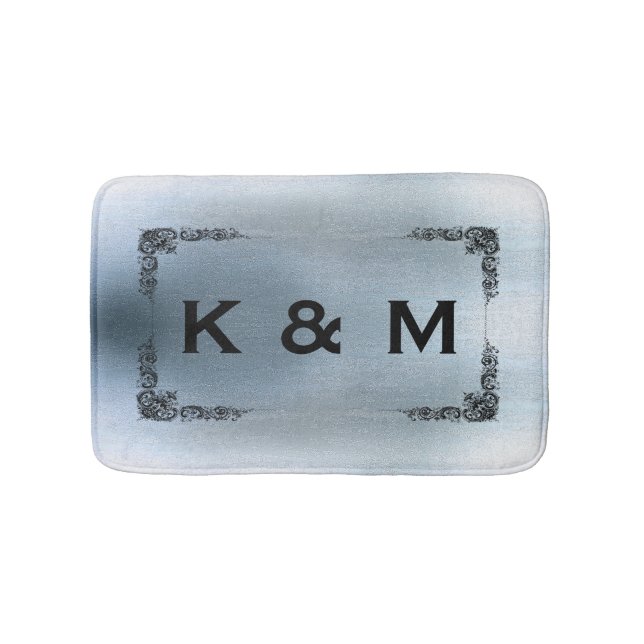 Personalized Custom Monogrammed Blue Grey Swirl Bath Mat (Front)