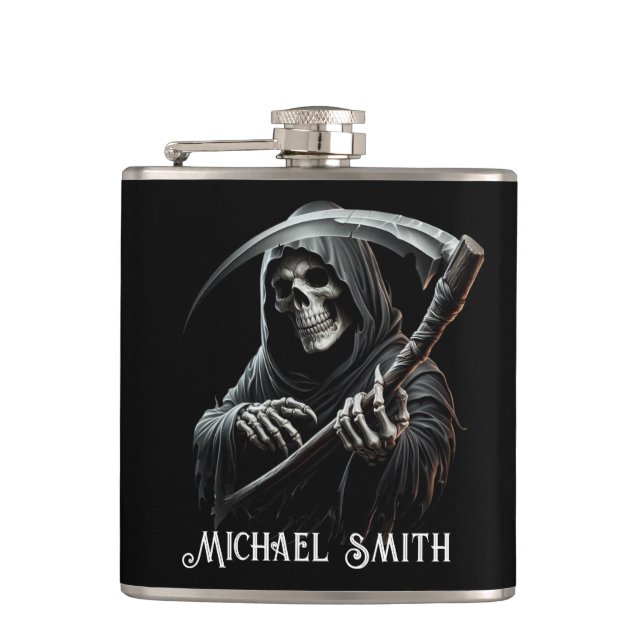Personalized Custom Name Black Grim Reaper Hip Flask (Front)