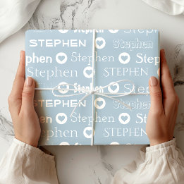 Personalized Custom Name Blue Heart Pattern Wrapping Paper
