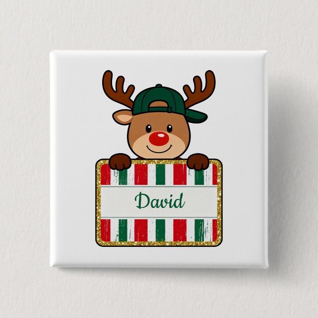 Personalized Custom Name Christmas Reindeer 2 Inch Square Button (Front)