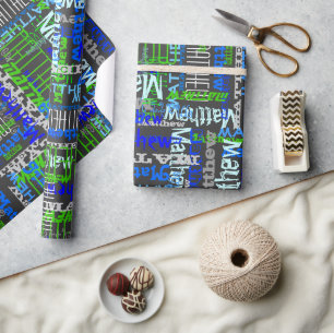 Personalized Custom Name Collage Blue Birthday Wrapping Paper