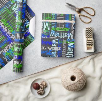 Personalized Custom Name Collage Blue Birthday Wrapping Paper