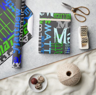 Personalized Custom Name Collage Blue Birthday Wrapping Paper