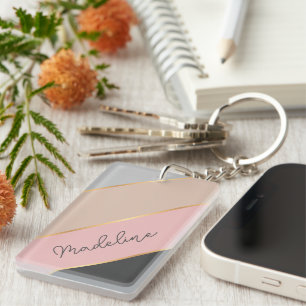 Personalized Custom Name Coral Blush Pink Lines Keychain