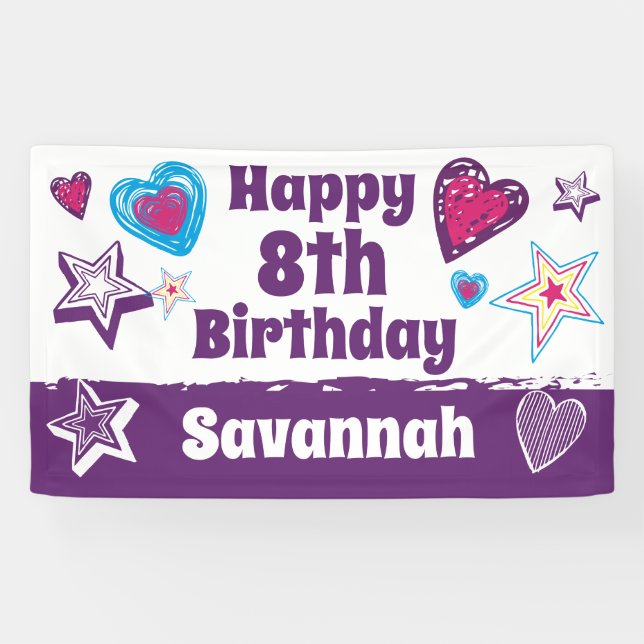 Personalized Custom Name Girls Happy Birthday Banner (Horizontal)