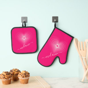 Personalized Custom Name Hearts Pink Oven Mitt & Pot Holder Set