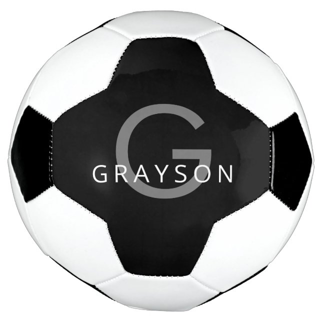 Personalized Custom Name Initial Black Grey Soccer Ball (Rotated)