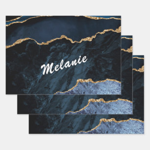 Personalized Custom Name Navy Blue Gold Marble Wrapping Paper Sheet